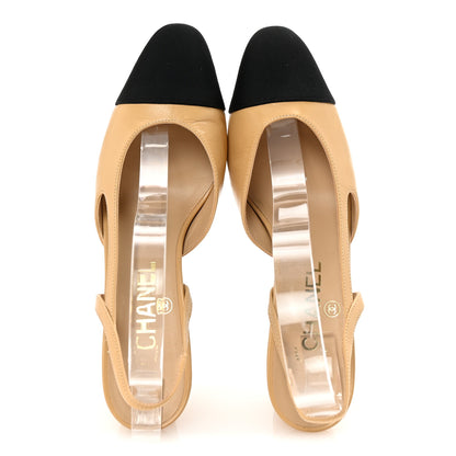 Chanel Goatskin Grosgrain Cap Toe CC Slingback Pumps 37 Beige Black 2 of 9