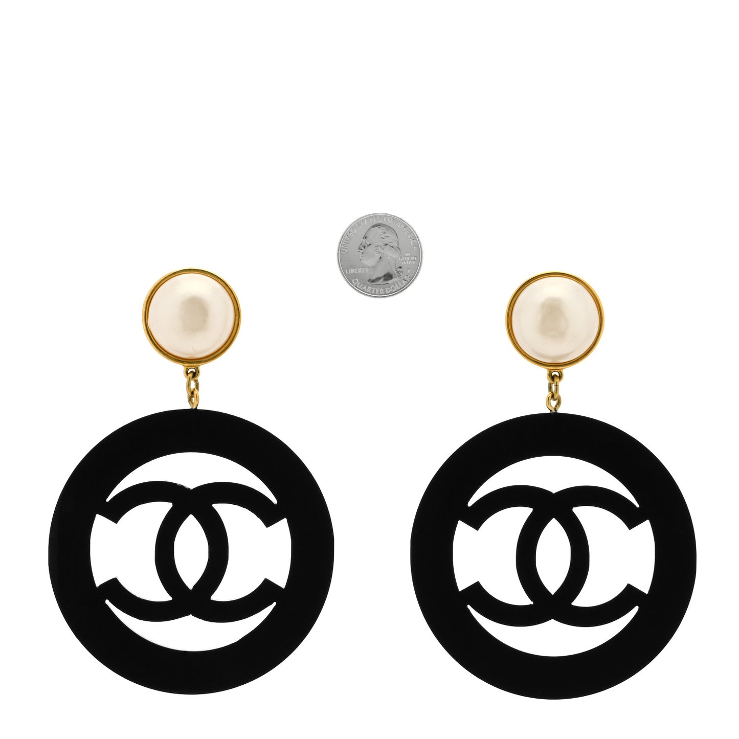 Metal Resin Pearl CC Round Drop Clip On Earrings Gold Black White