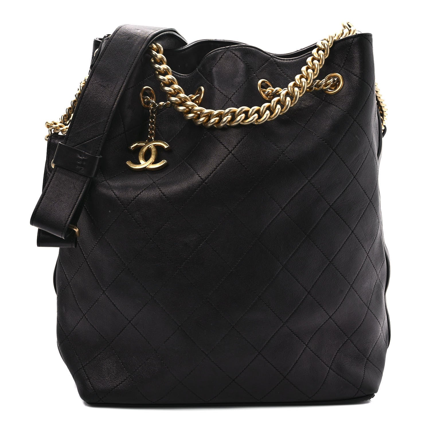Chanel Lambskin Stitched Drawstring Bucket Bag Black 1 of 9