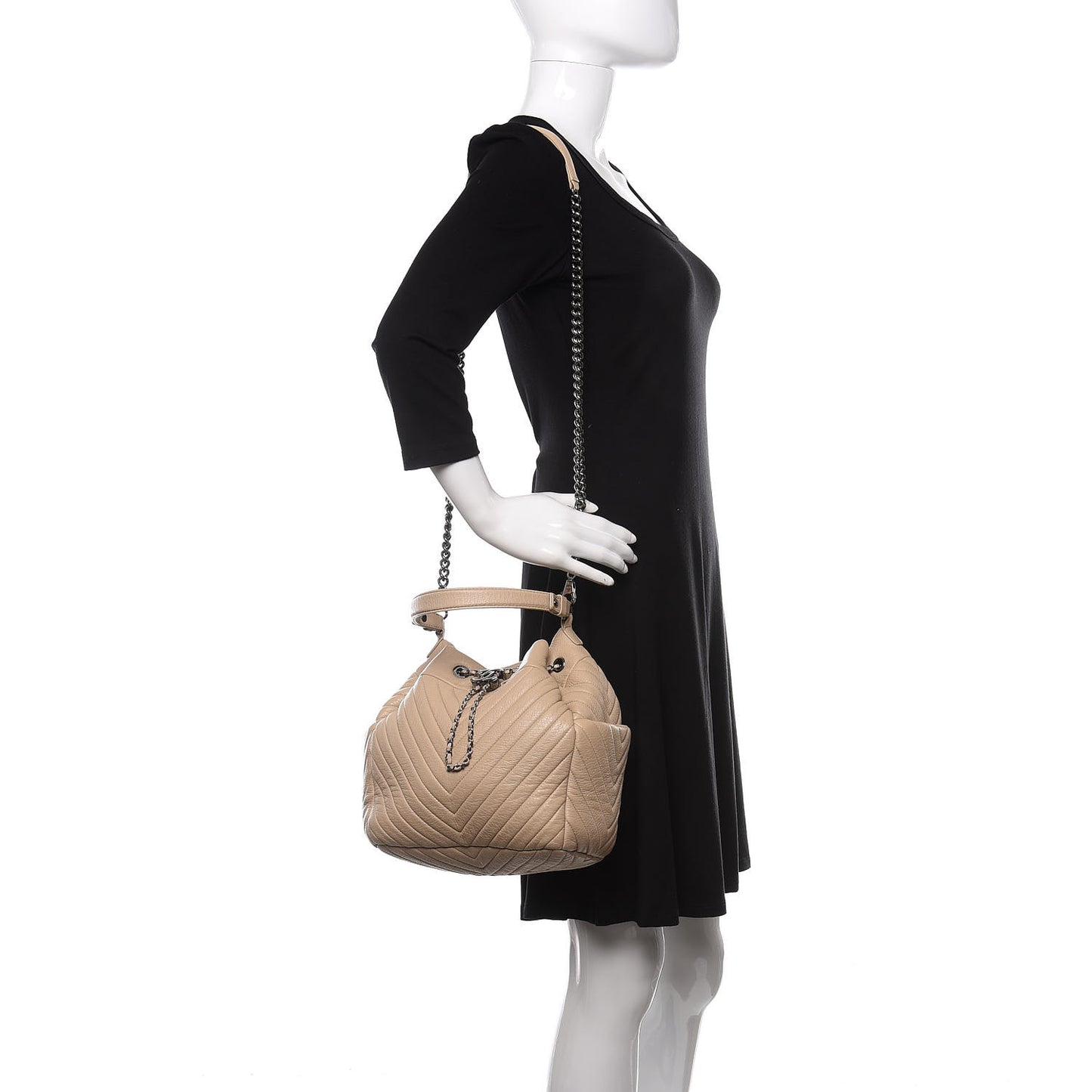 Deerskin Chevron Medium CC Chain Bucket Drawstring Bag Beige