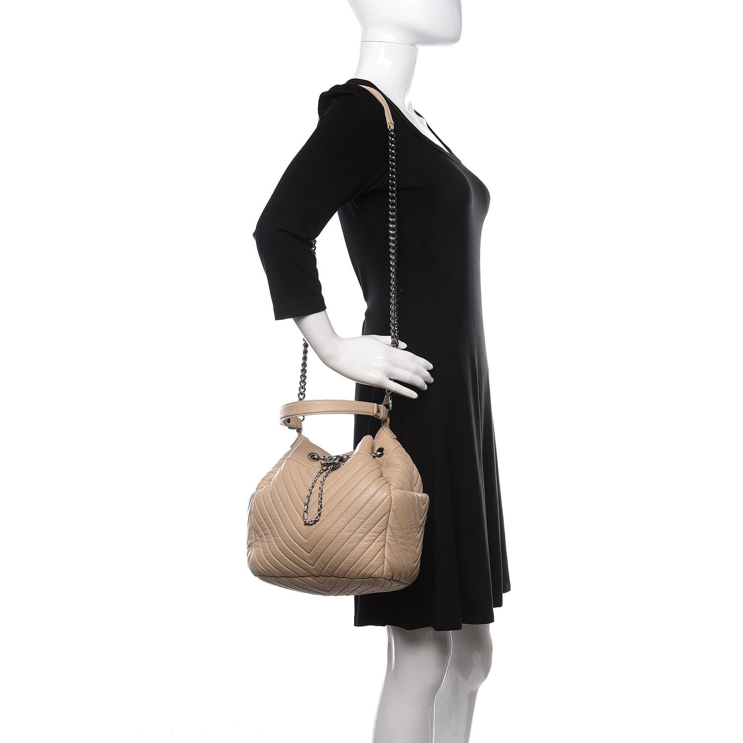Chanel Deerskin Chevron Medium CC Chain Bucket Drawstring Bag Beige 2 of 14
