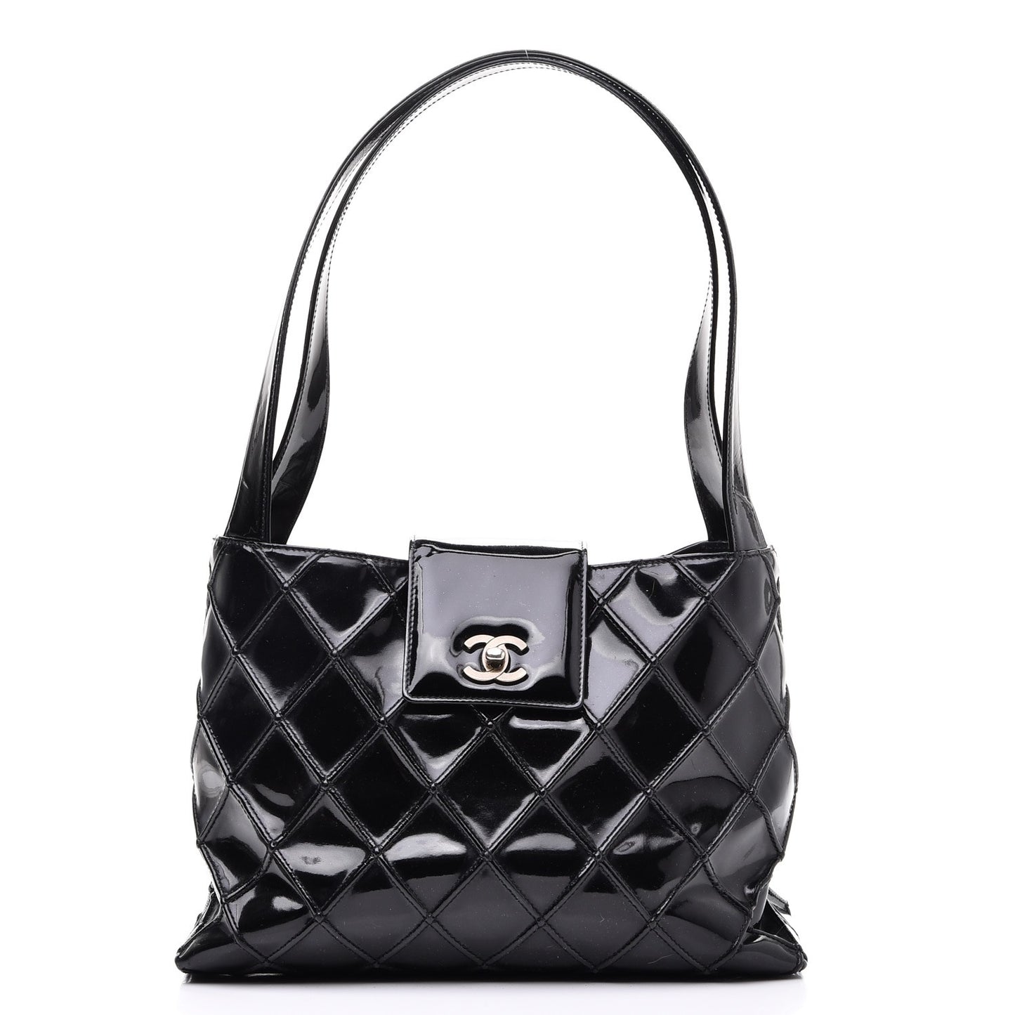 Patent Diamond Stitched Shoulder Bag Black