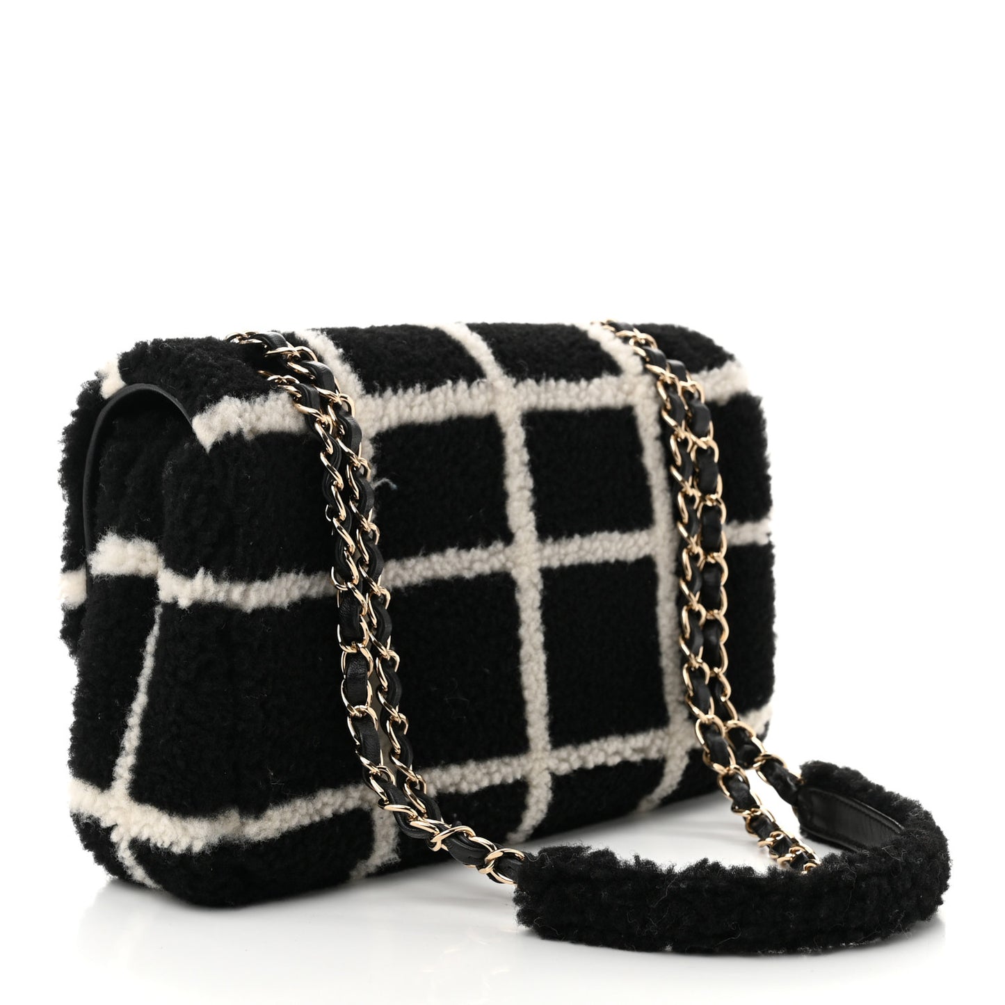 Shearling Lambskin Large Fluffy Tartan Single Flap Black White