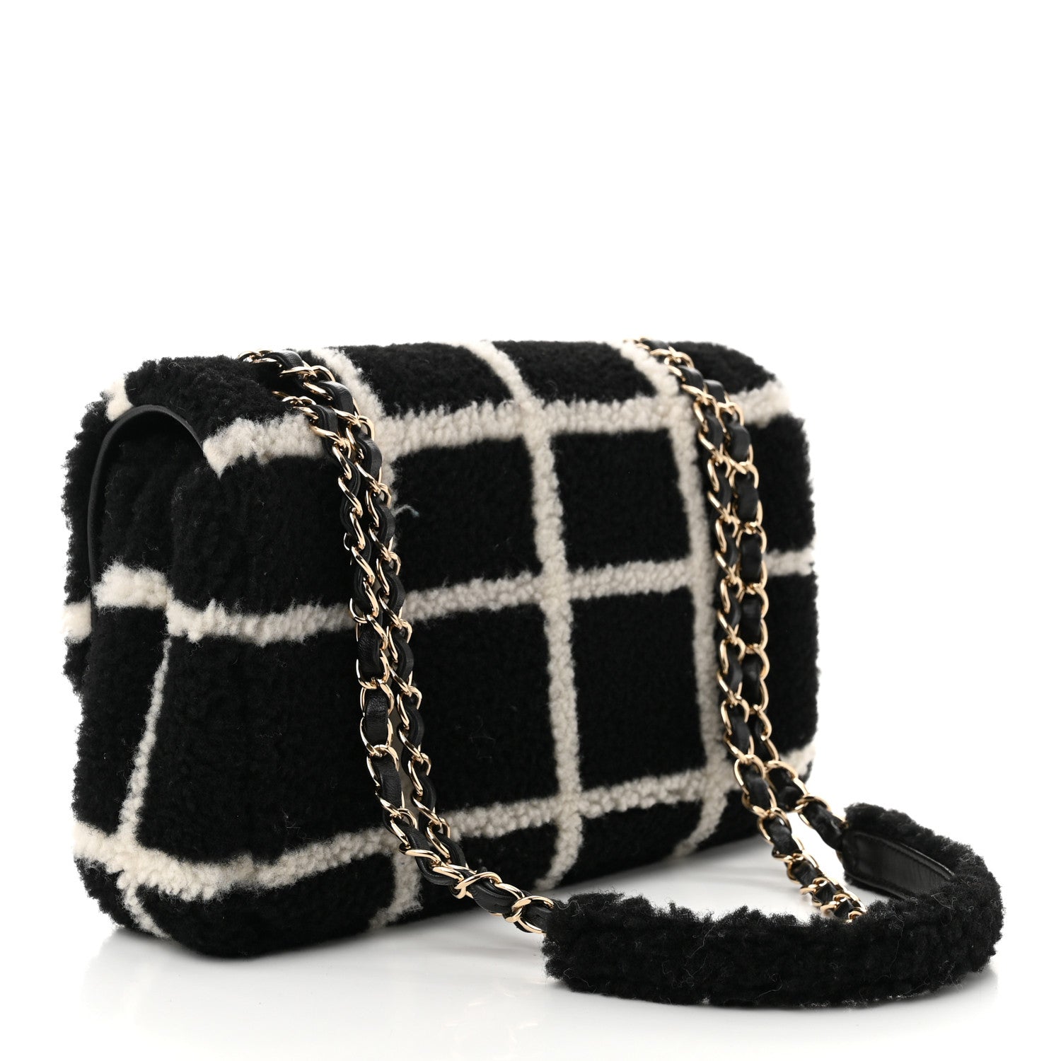Chanel Shearling Lambskin Large Fluffy Tartan Single Flap Black White 3 of 11