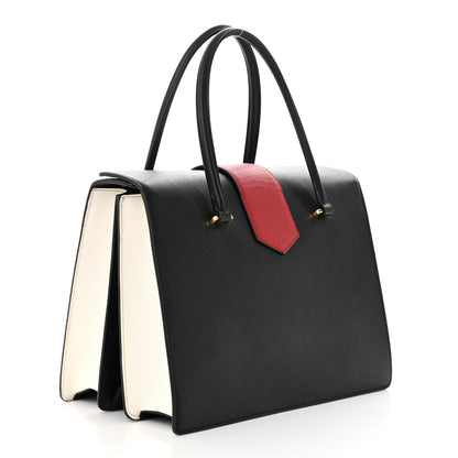 Prada Saffiano Tri-Color Turn Lock Satchel Black Bianco Rosso 3 of 10