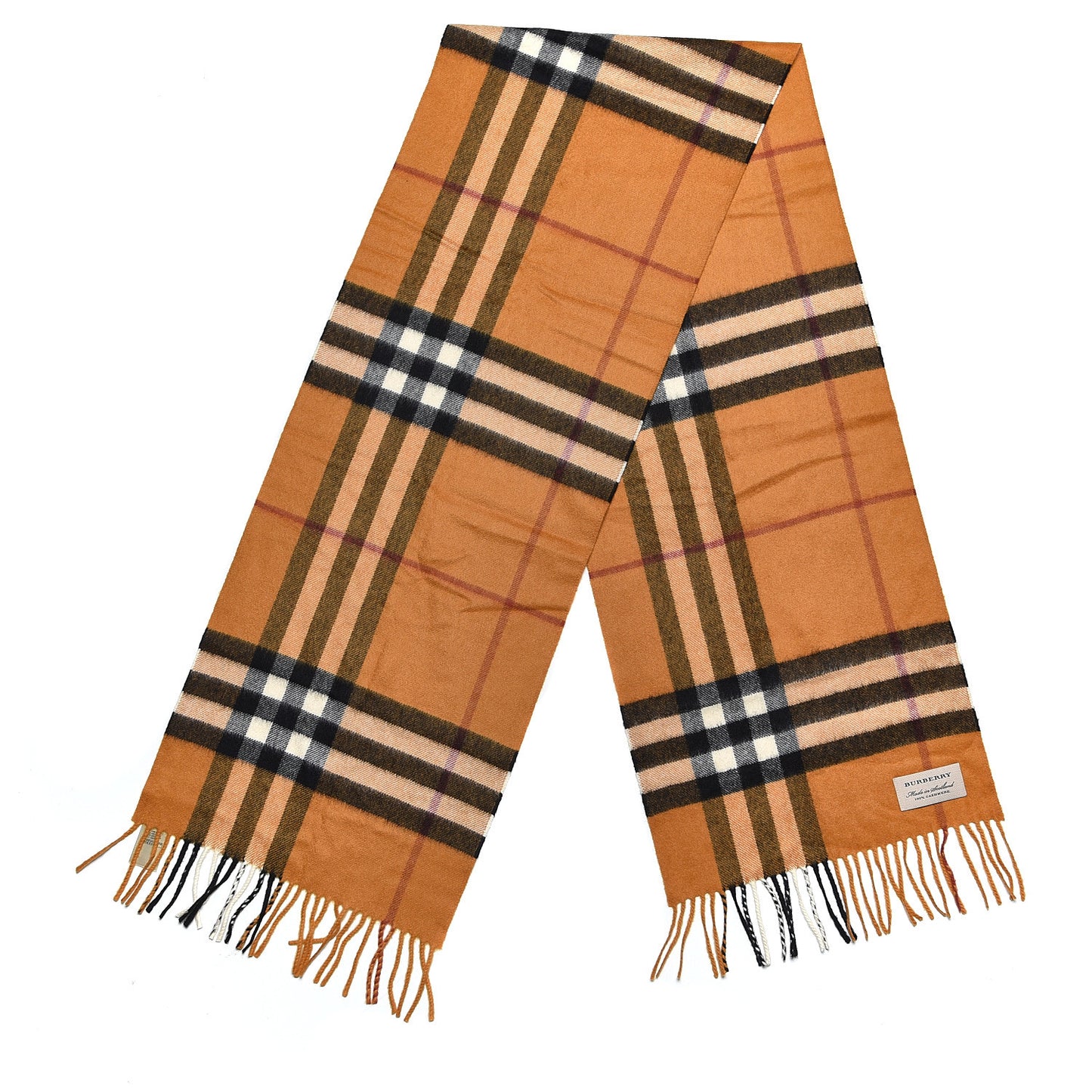 Cashmere Giant Check Fringe Scarf Camel