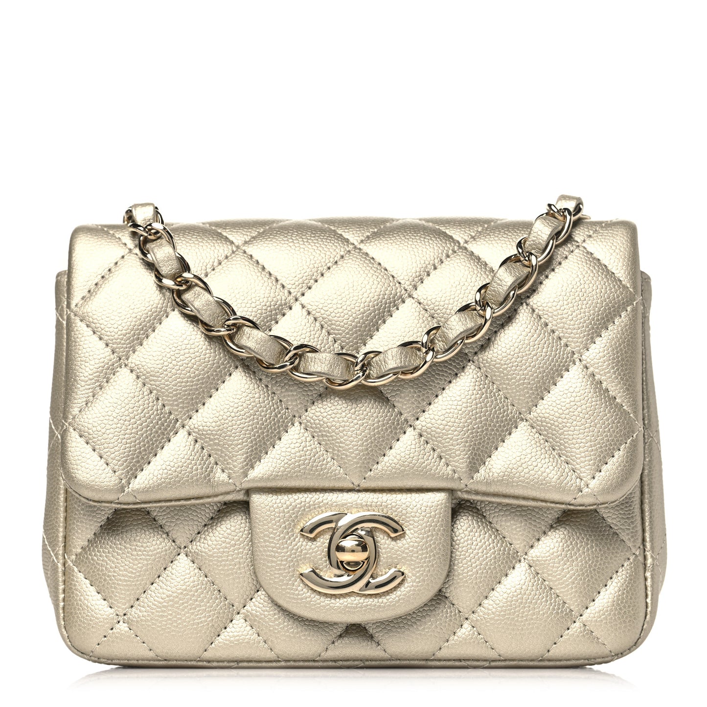 Metallic Caviar Quilted Mini Square Flap Light Gold