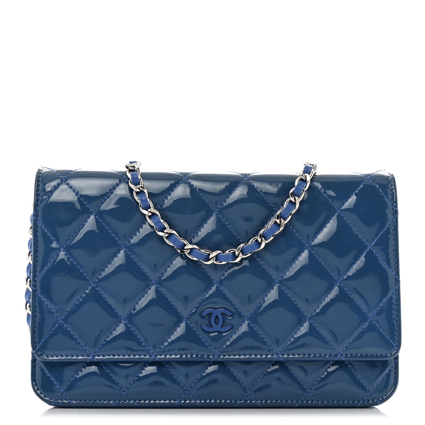 Patent Quilted Wallet On Chain WOC Dark Blue