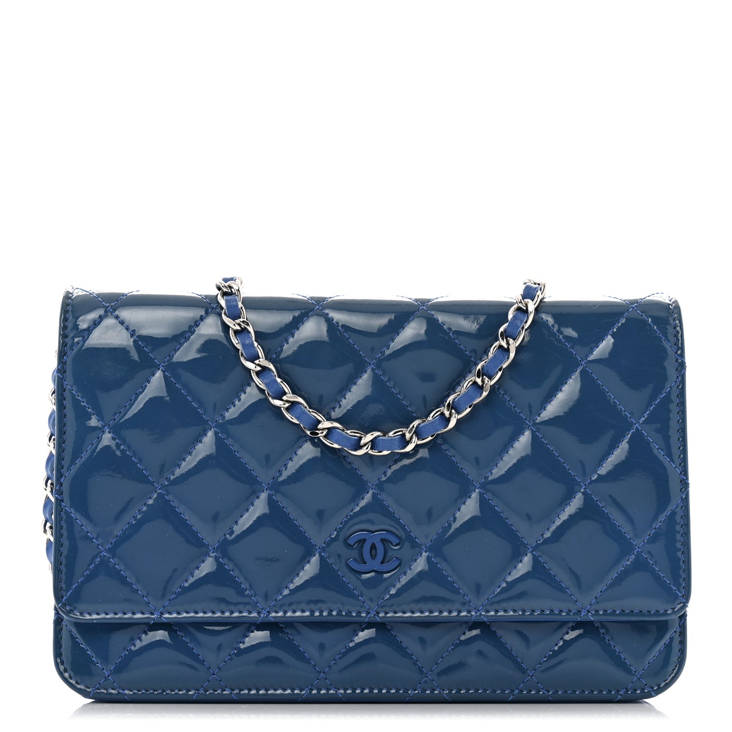 Chanel Patent Quilted Wallet On Chain WOC Dark Blue 1 of 15