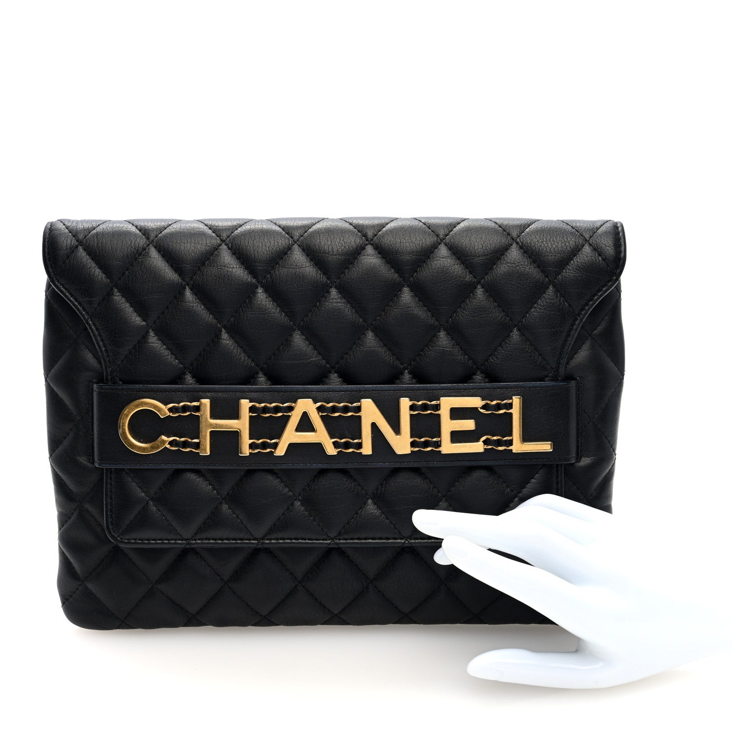 Chanel Calfskin Quilted Front Logo Enchained Clutch Black 2 of 7