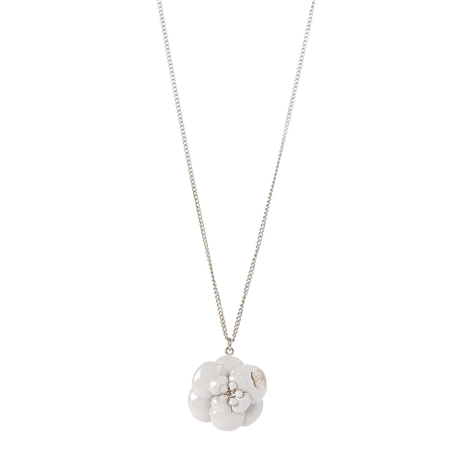 Enamel CC Camellia Pendant Necklace Gold White