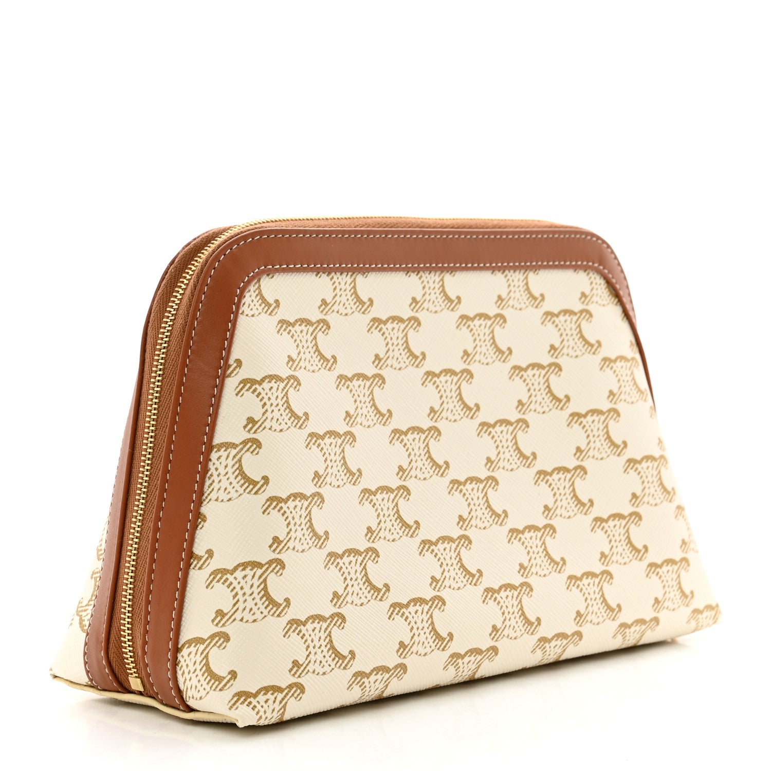 Celine Triomphe Canvas Calfskin Medium Cosmetic Pouch White Tan 3 of 6