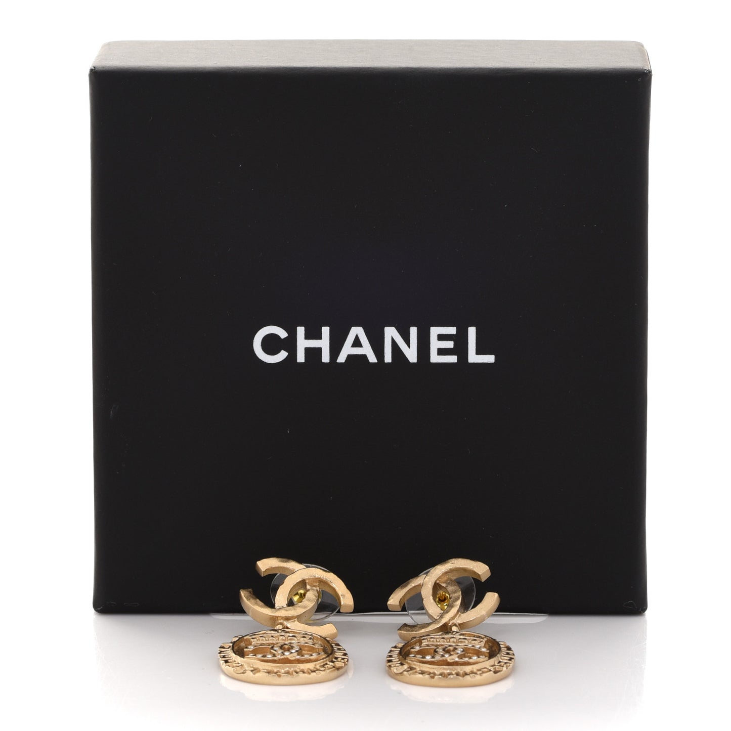 Metal CC Crystal Drop Earrings Gold