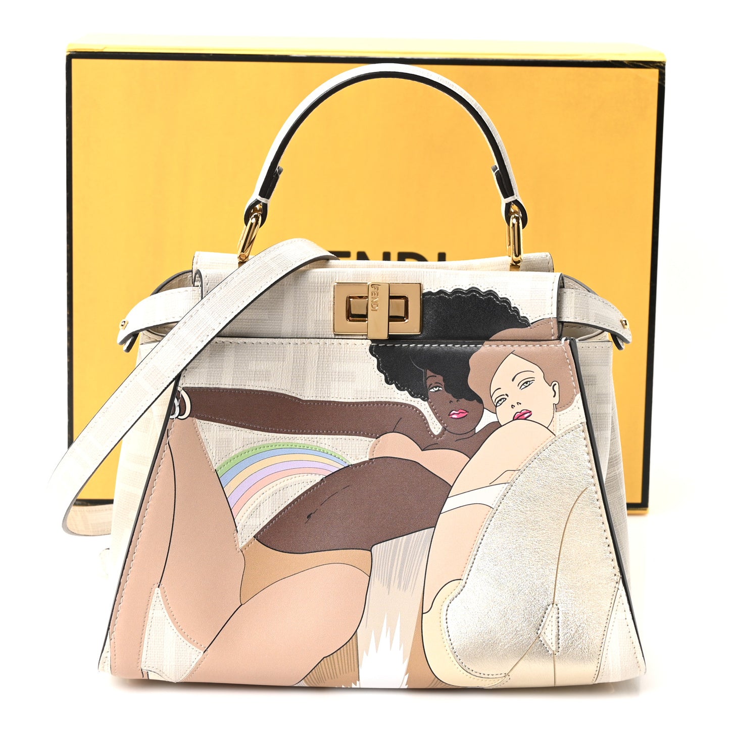 Glazed Fabric Nappa FF Disco Girls Inlay Mini Peekaboo Iconic Satchel Bianco Perla Multicolor