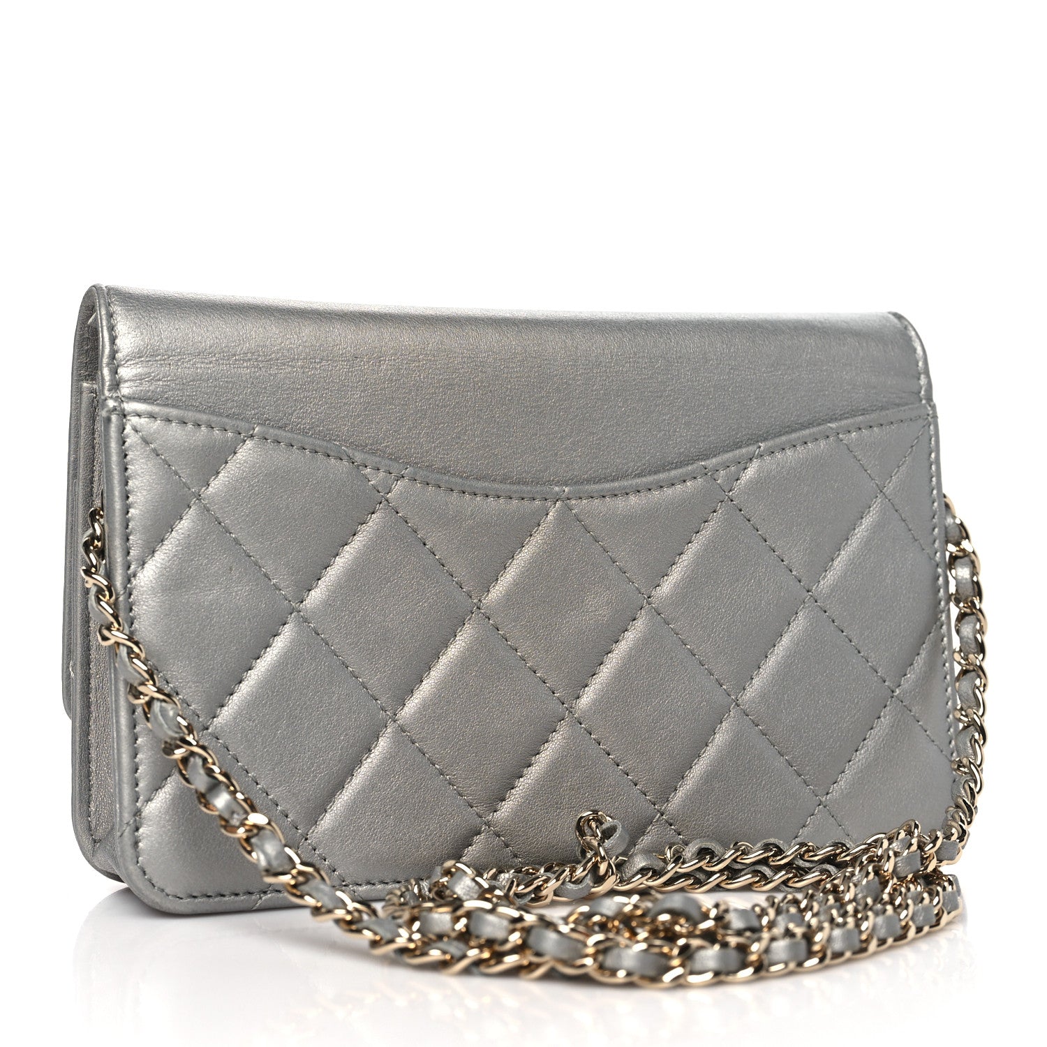 Chanel Metallic Goatskin Quilted Timeless CC Wallet On Chain WOC Silver 3 of 11