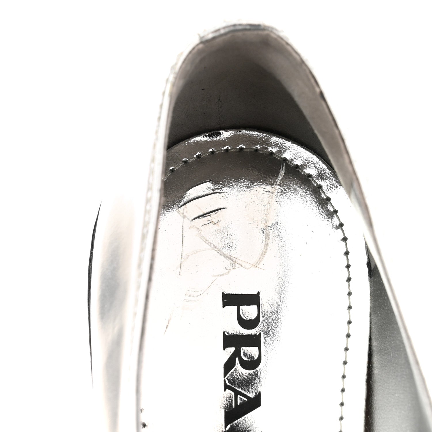 Prada Metallic Brushed Calfskin Metal Triangle Logo 50mm Loafers 39 Argento 10 of 11