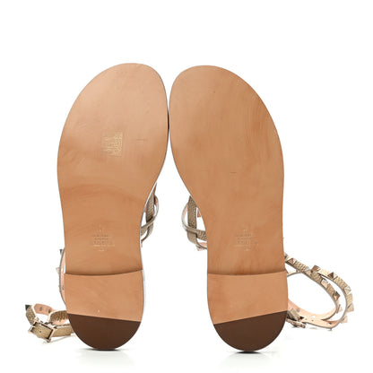 Valentino Garavani Metallic Pebbled Calfskin Rockstud Ankle Wrap Flat Thong Sandals 40 Skin 5 of 9