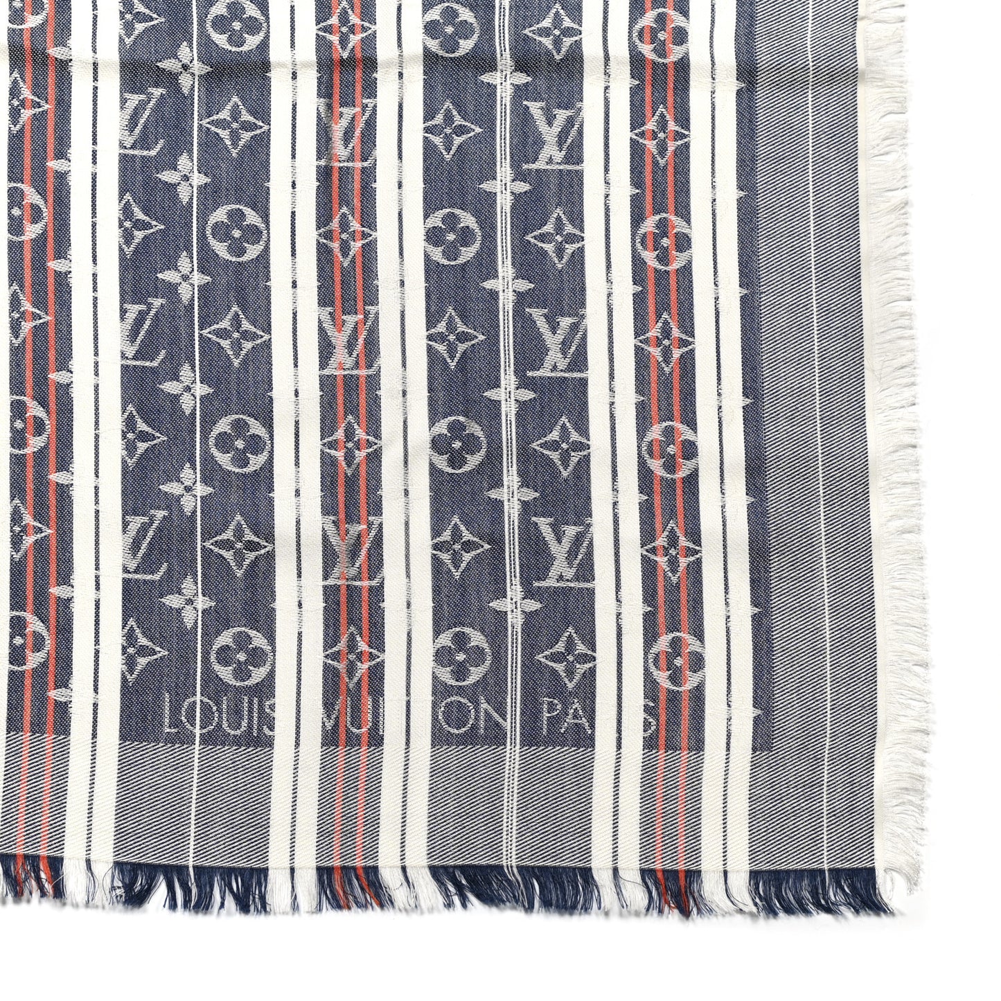 Silk Wool Monogram Mattress Stripes Shawl Blue Jean