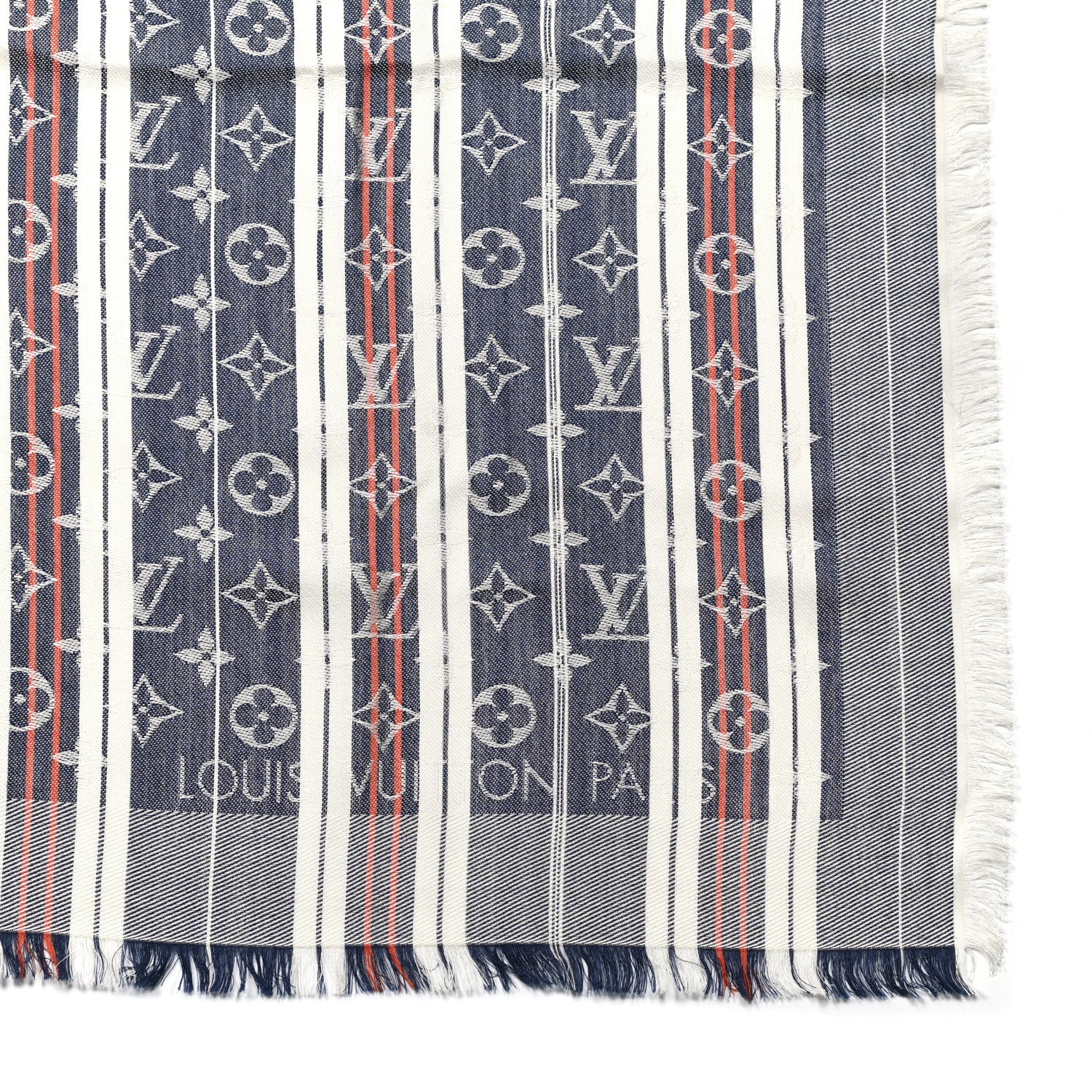 Louis Vuitton Silk Wool Monogram Mattress Stripes Shawl Blue Jean 2 of 4
