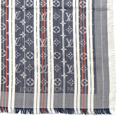Louis Vuitton Silk Wool Monogram Mattress Stripes Shawl Blue Jean 2 of 4