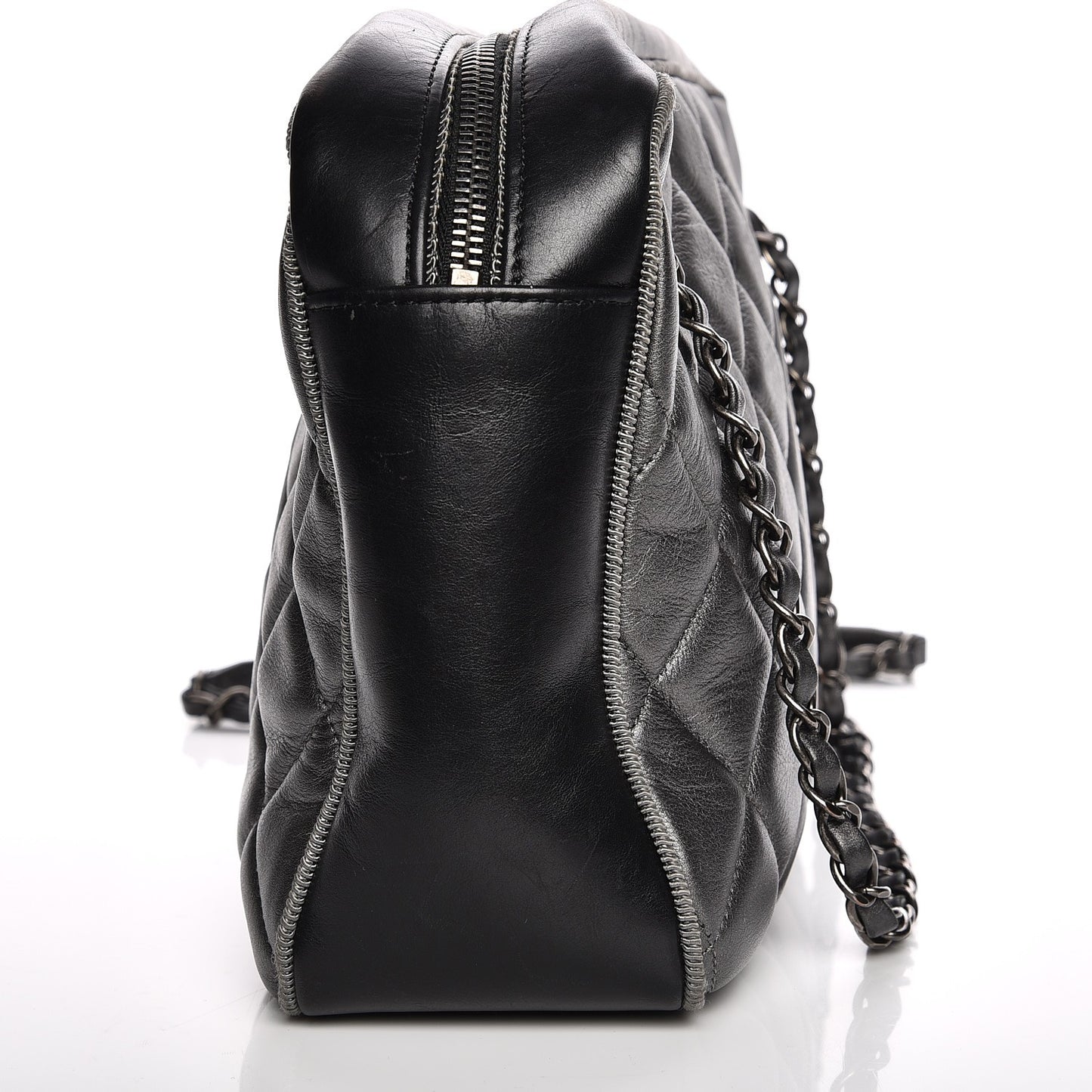 Metallic Calfskin Quilted Large Ballerine Camera Case Dark Grey Black