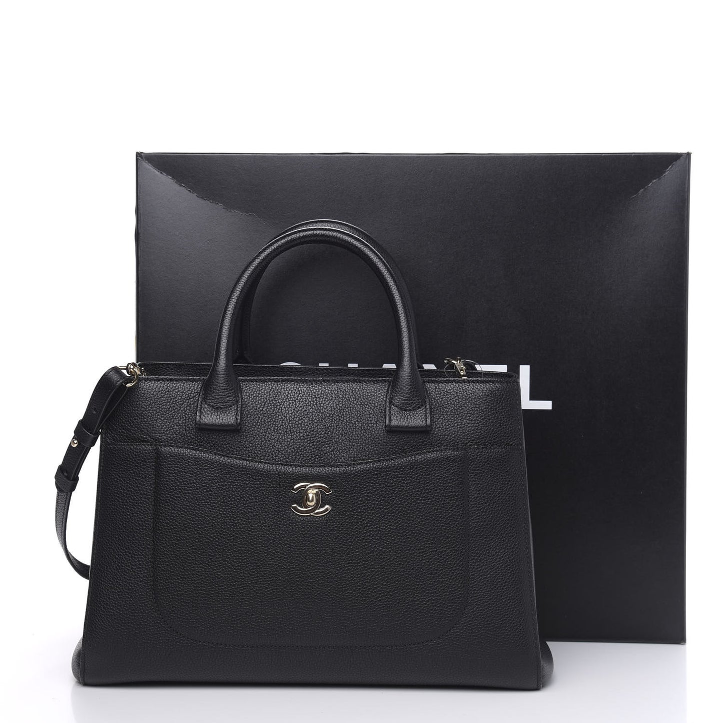 Grained Calfskin Small Neo Executive Shopper Tote Black