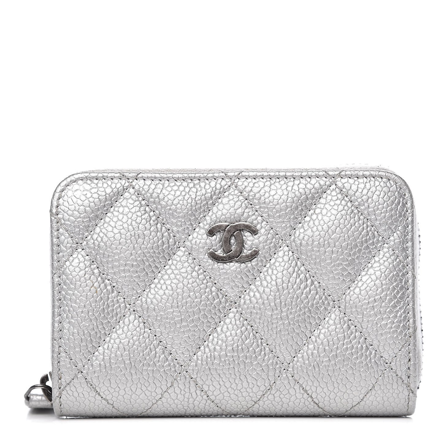 Metallic Caviar Quilted Zip Coin Purse Grey