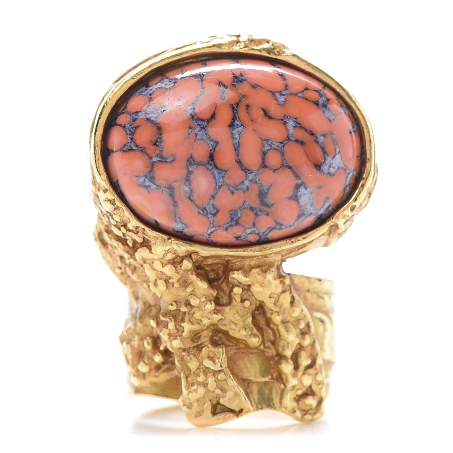 Glass Cabochon Arty Ovale Ring 8 Gold Coral