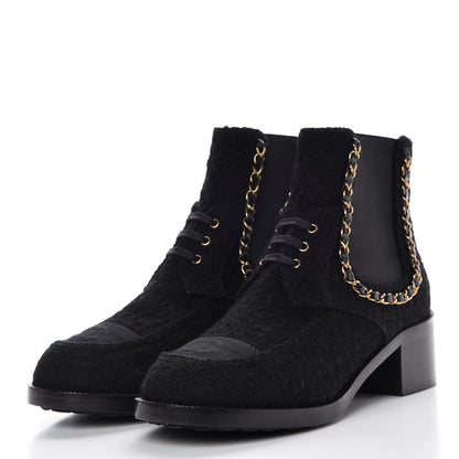 Chanel Tweed Calfskin Chain Lace Up Boots 39.5 Black 3 of 10