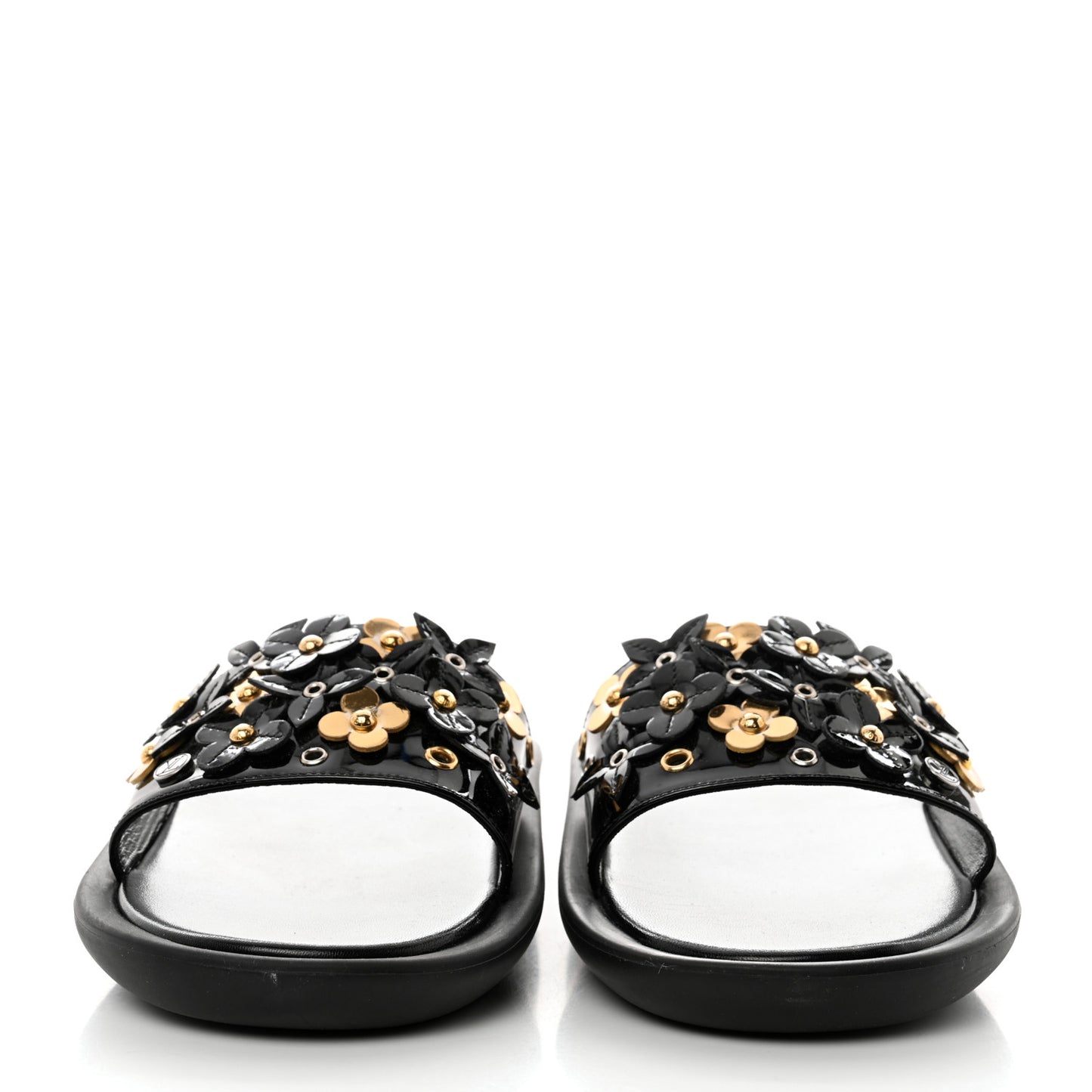 Patent Sunbath Flower Slide Sandals 37 Black Gold