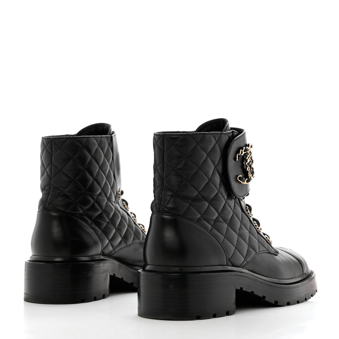 Shiny Lambskin Quilted Lace Up Combat Boots 40 Black