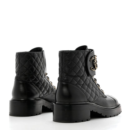 Chanel Shiny Lambskin Quilted Lace Up Combat Boots 40 Black 4 of 9