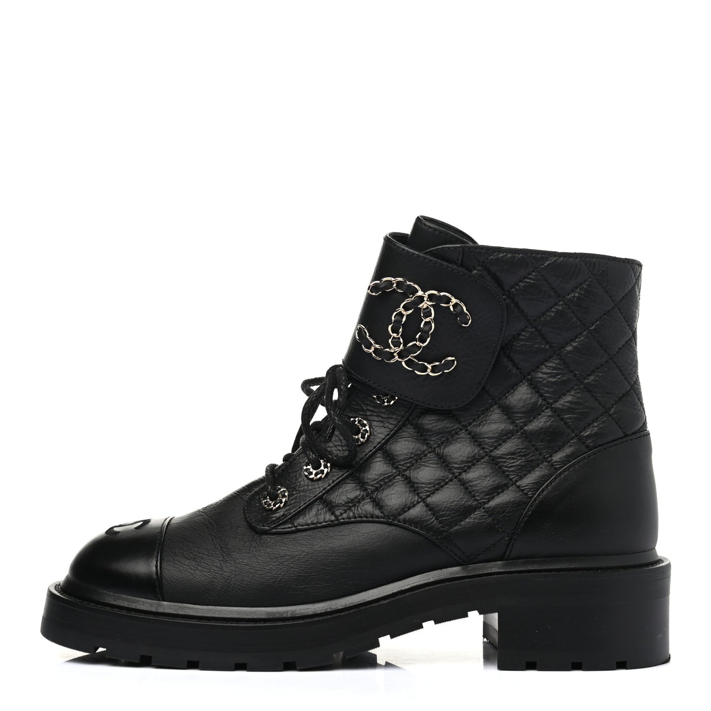 Shiny Goatskin Calfskin Quilted Lace Up Combat Boots 40 Black