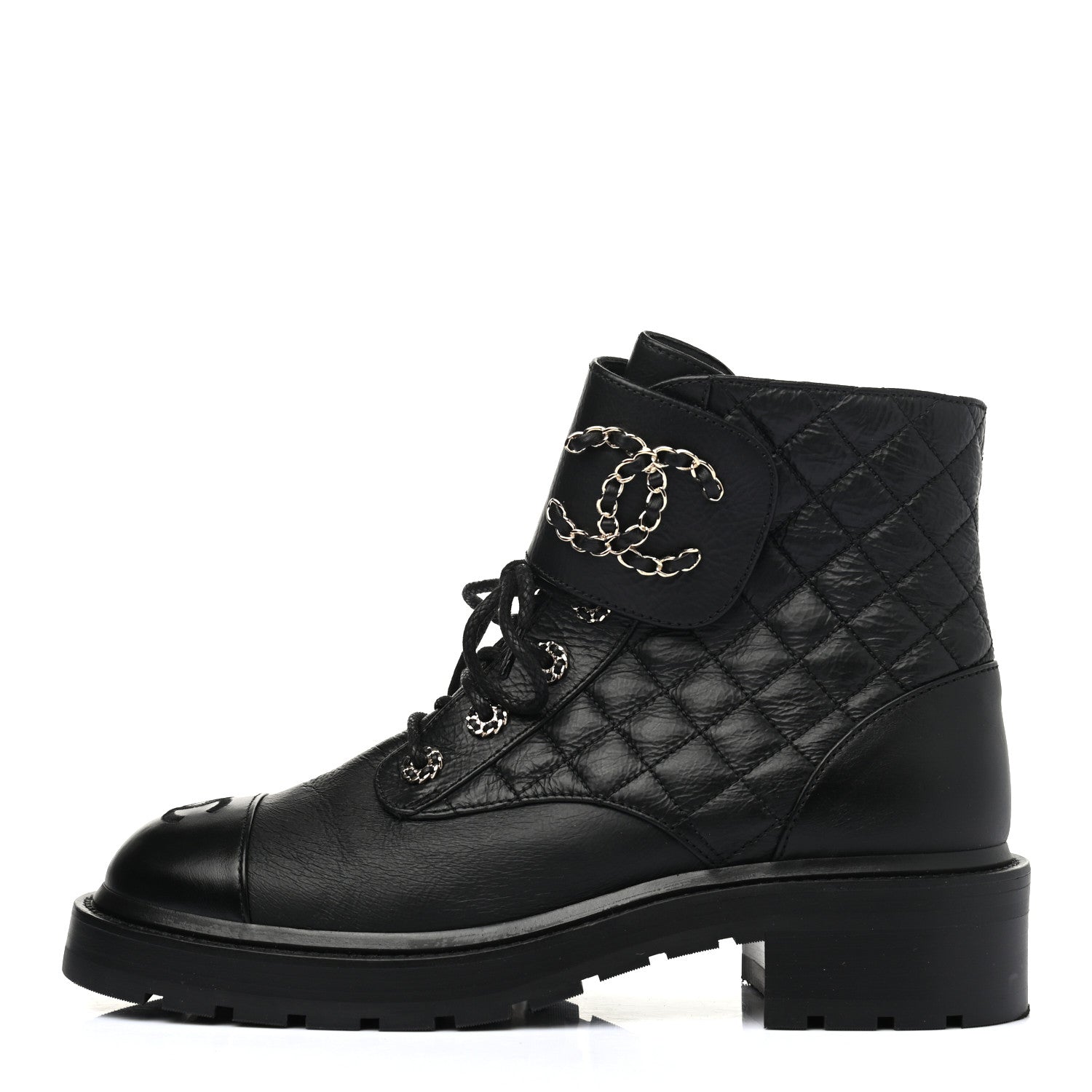 Chanel Shiny Goatskin Calfskin Quilted Lace Up Combat Boots 40 Black 1 of 7