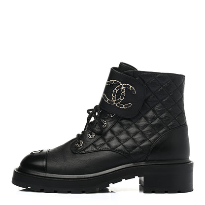 Chanel Shiny Goatskin Calfskin Quilted Lace Up Combat Boots 40 Black 1 of 7