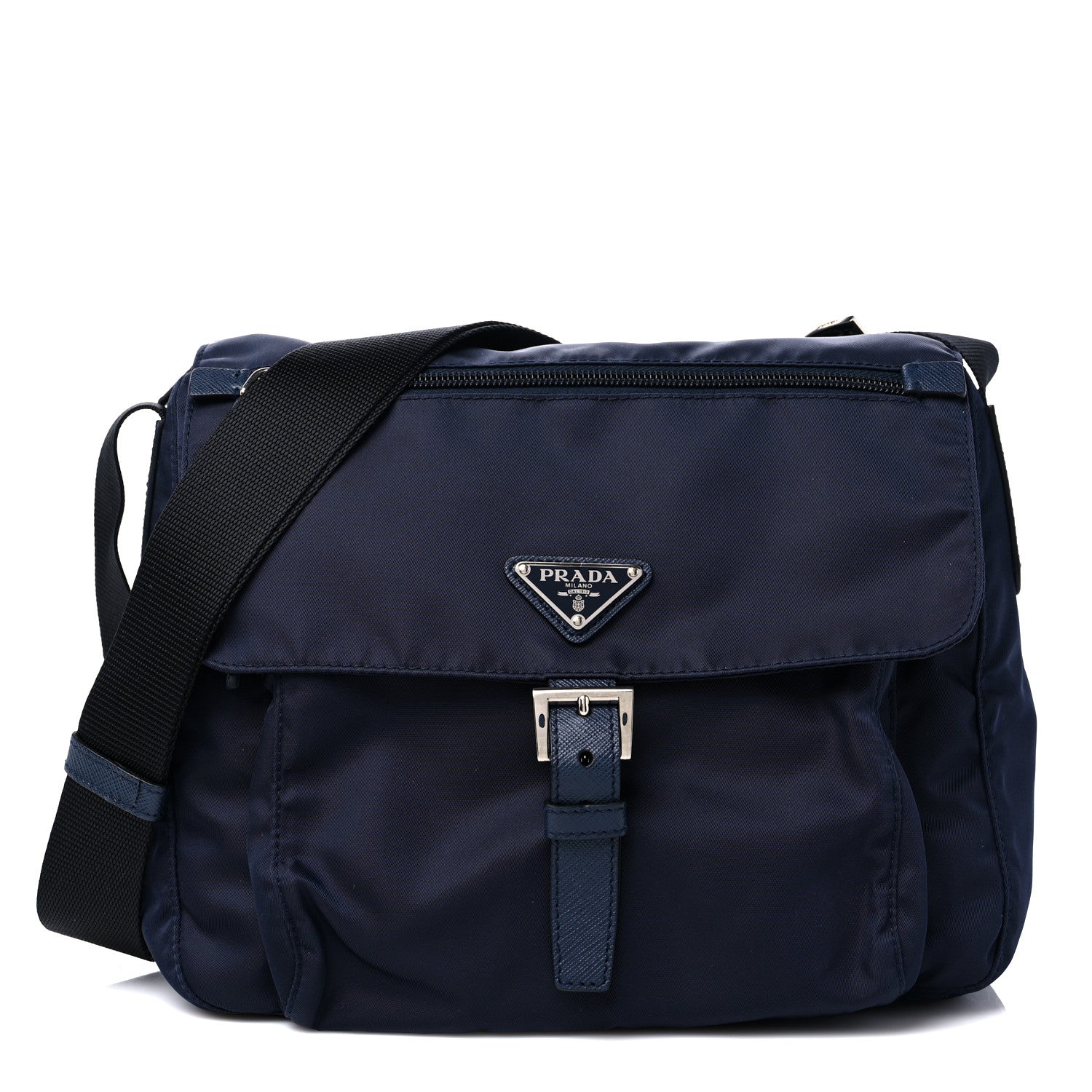 Prada Nylon Vela Saffiano Single Buckle Messenger Shoulder Bag Blue Black 1 of 8