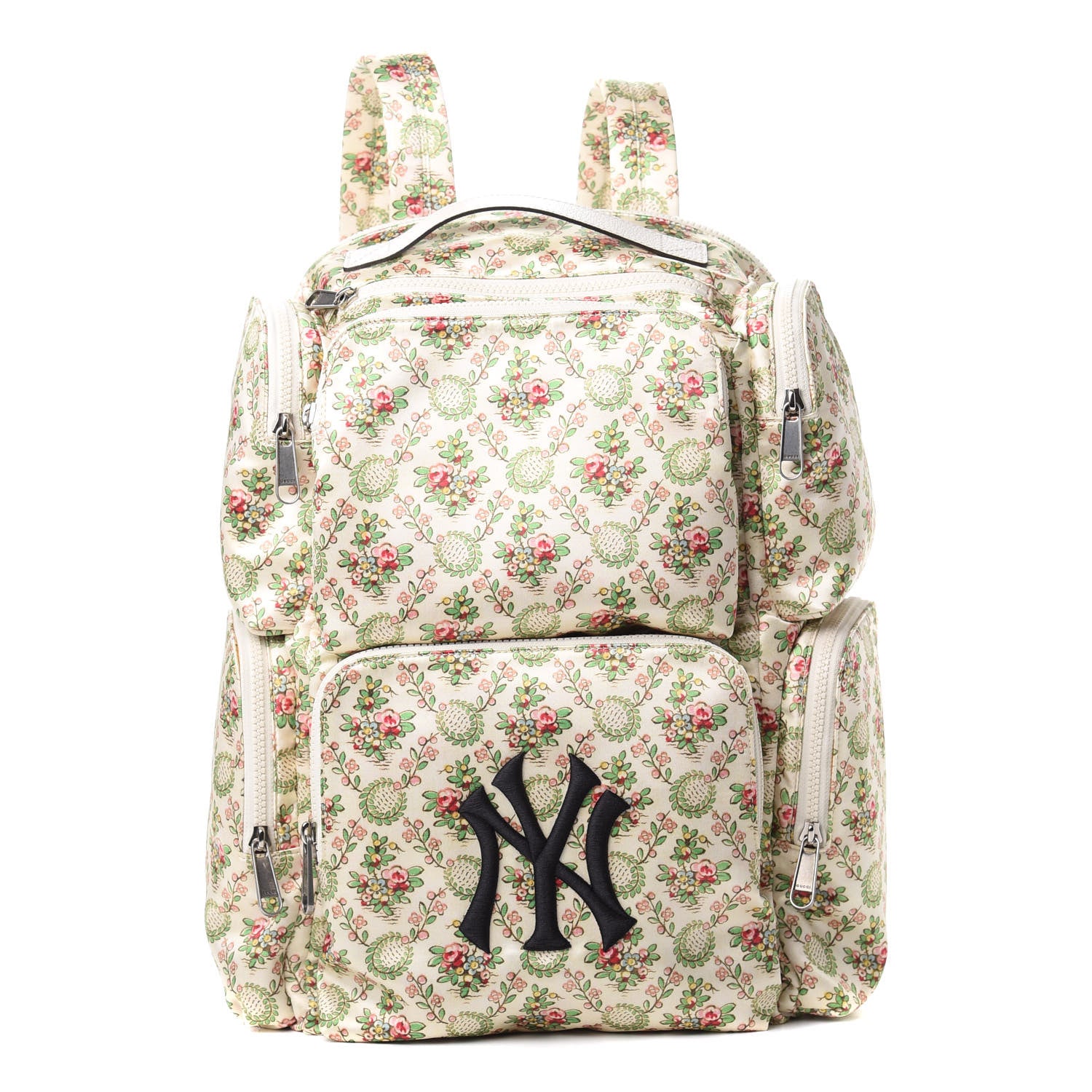 Gucci X MLB Satin Floral Print NY Yankees Patch Backpack Ivory Green 1 of 10