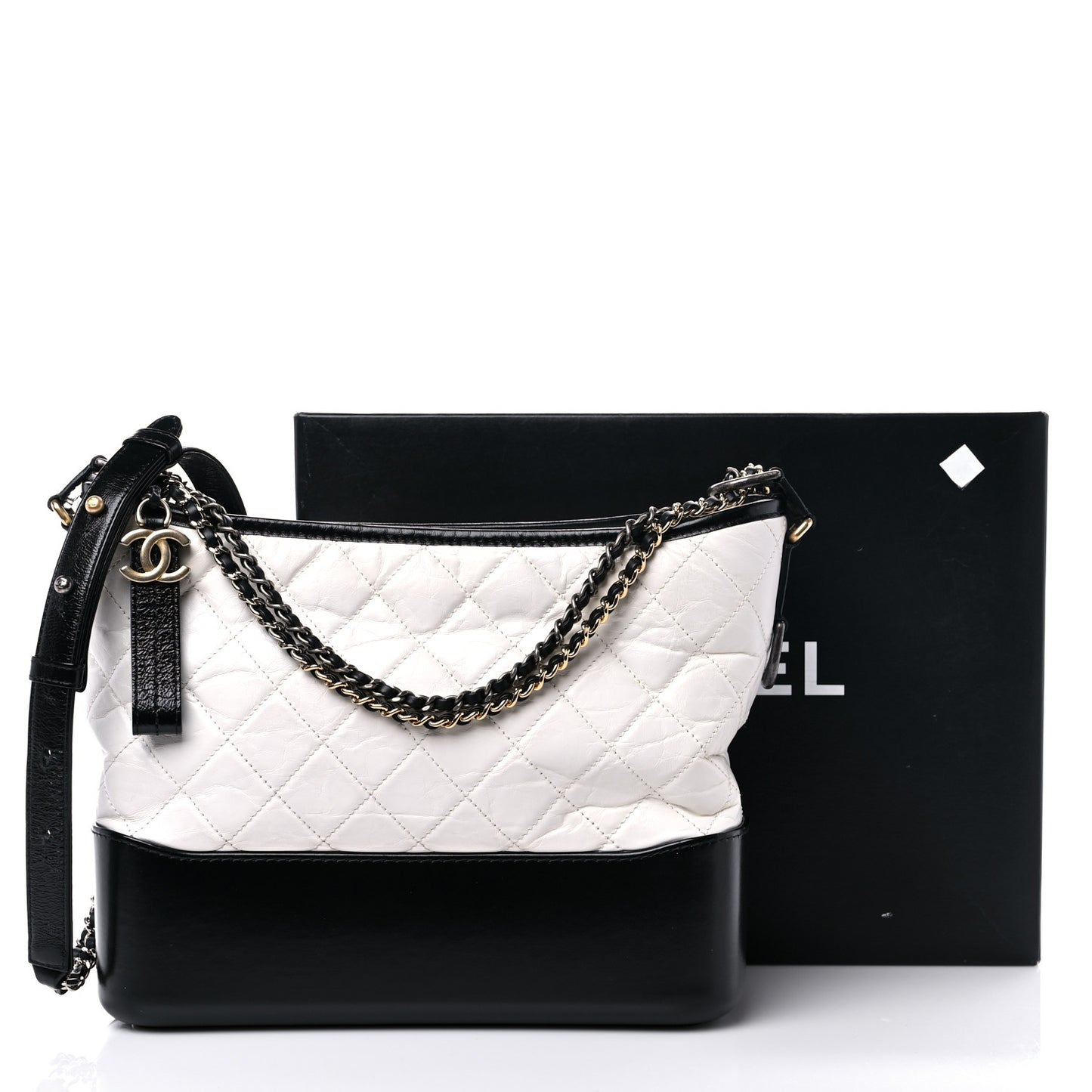 Aged Calfskin Quilted Medium Gabrielle Hobo Black White