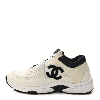 Chanel Mesh Suede Calfskin Grained Calfskin Womens CC Sneakers 38 White Black 1 of 8