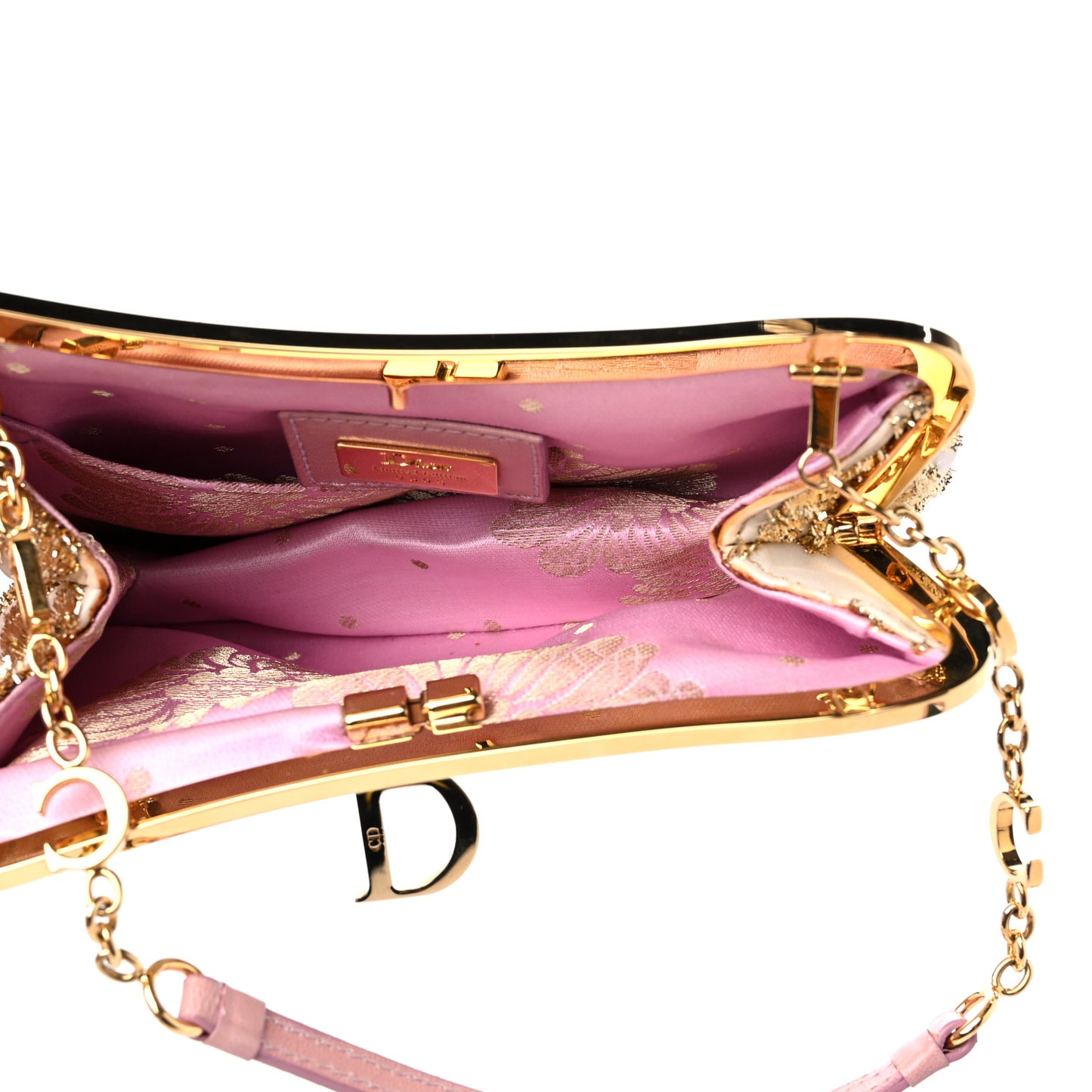 Satin Embroidered Mini Frame Saddle White Gold Pink