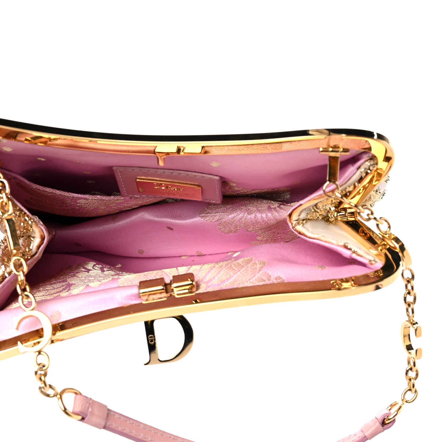 Christian Dior Satin Embroidered Mini Frame Saddle White Gold Pink 6 of 9