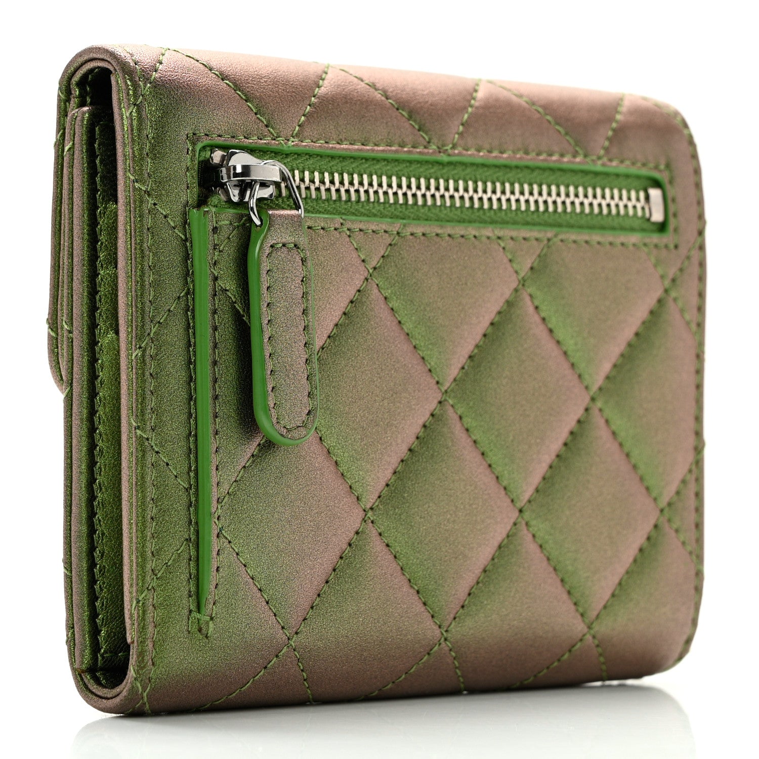 Chanel Iridescent Lambskin Quilted Small Compact Wallet Green 3 of 13