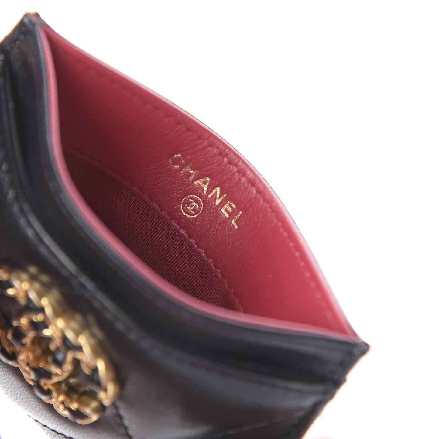 Shiny Goatskin Quilted Chanel 19 Card Holder Black