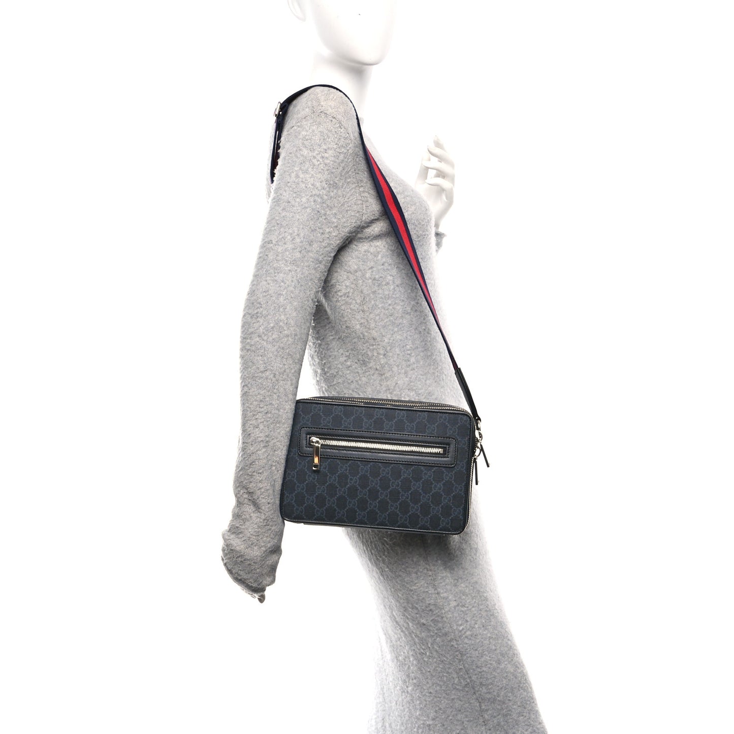 GG Supreme Monogram Calfskin Web Medium Crossbody Bag Black Grey
