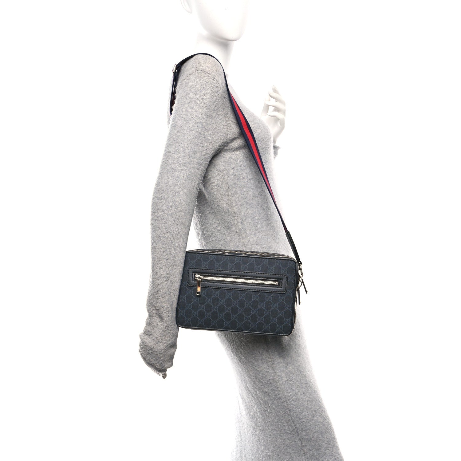 Gucci GG Supreme Monogram Calfskin Web Medium Crossbody Bag Black Grey 2 of 10