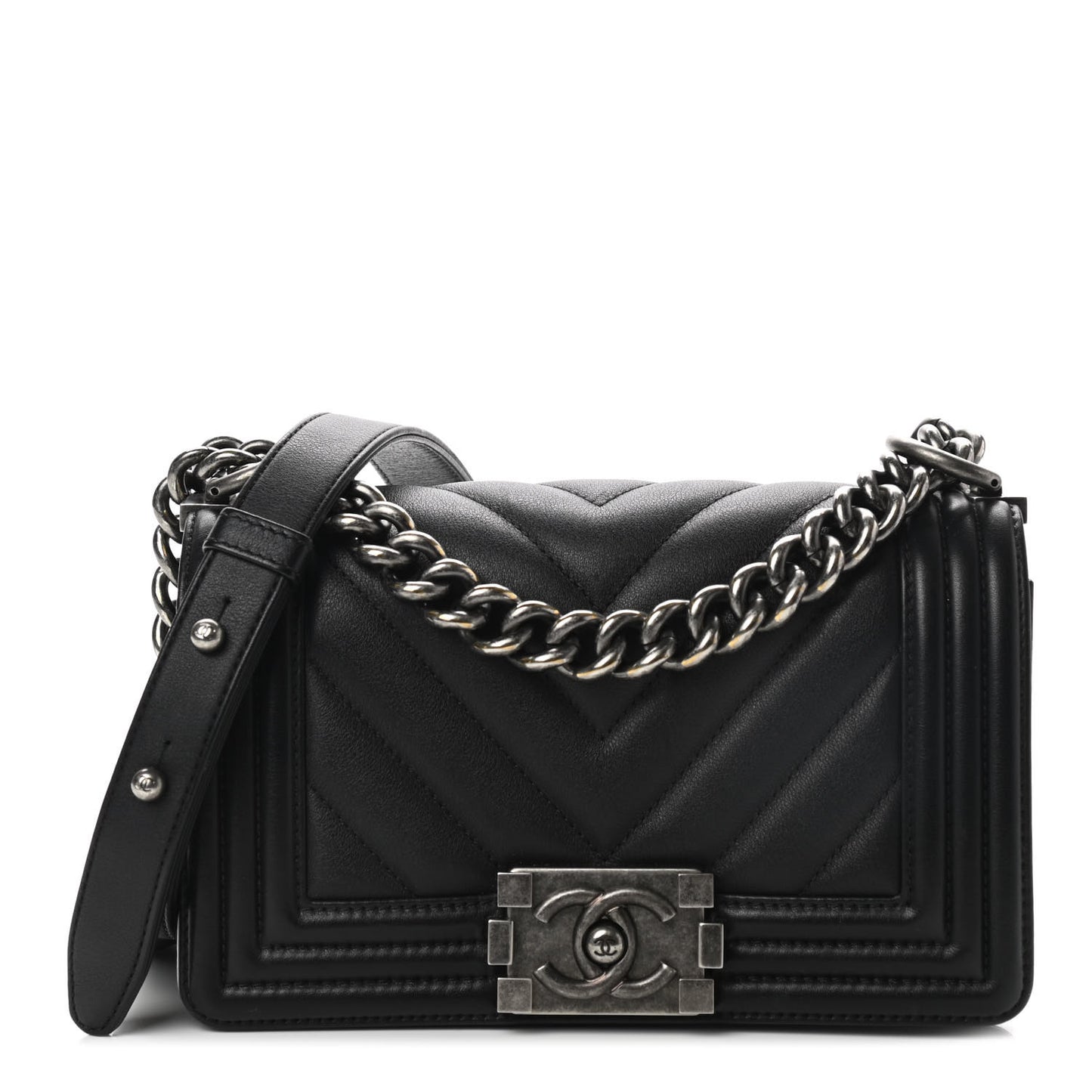 Calfskin Chevron Quilted Small Boy Flap Black