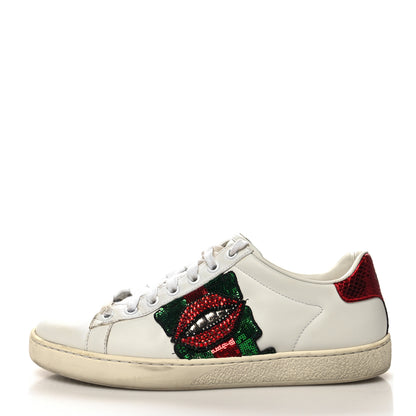 Gucci Calfskin Web Crystal Womens Mouth Ace Sneakers 37.5 White 1 of 12