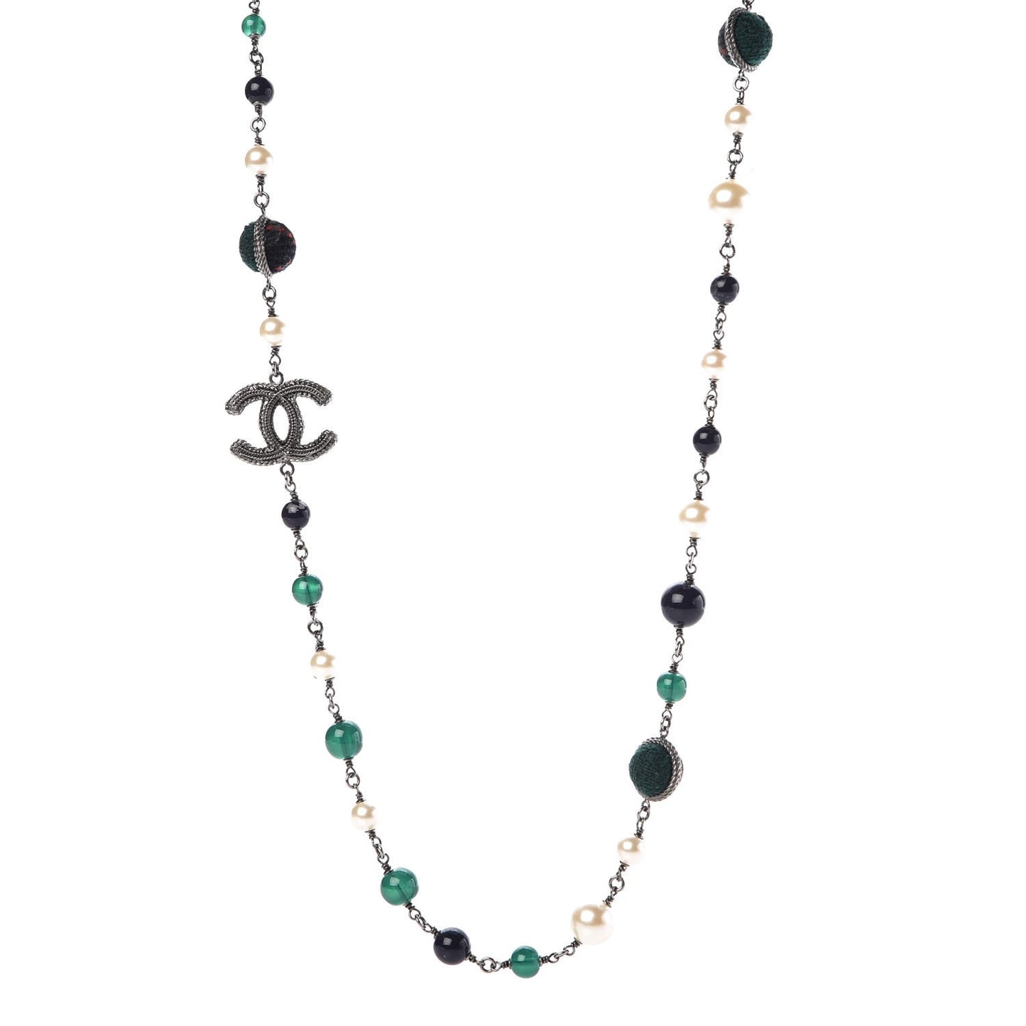Ruthenium Bead Pearl Tweed CC Necklace Green
