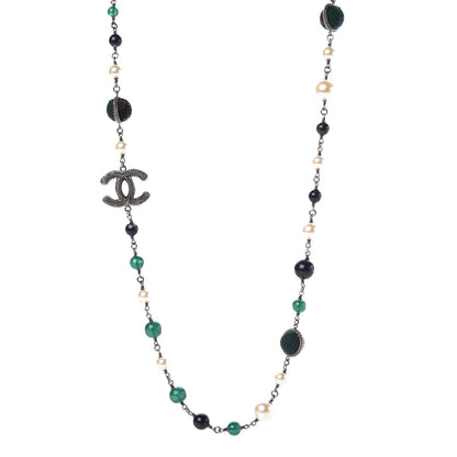 Chanel Ruthenium Bead Pearl Tweed CC Necklace Green 1 of 4
