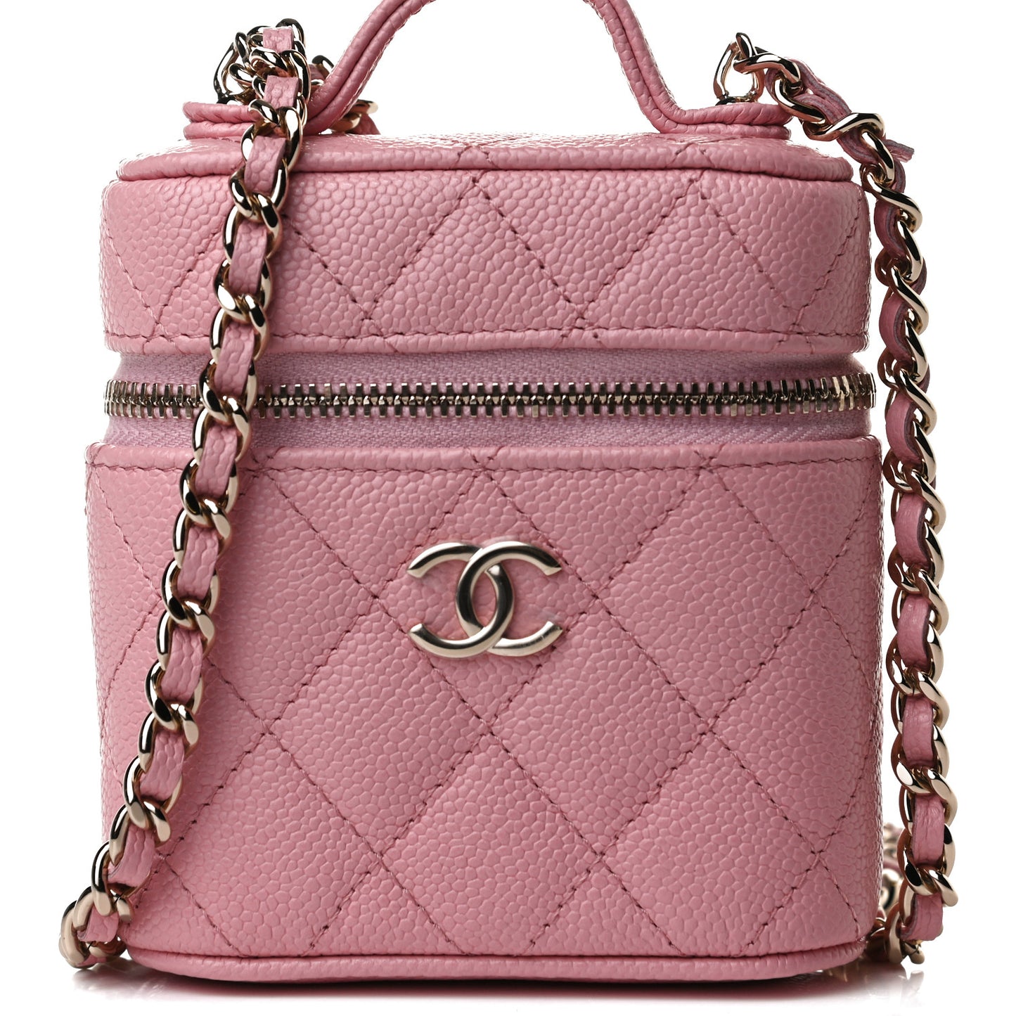 Caviar Quilted Small Handle With Care Vanity Case With Chain Pink